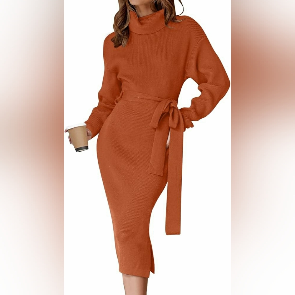 ZESICA Turtleneck Sweater Dress Long Sleeve Ribbed Knit Bodycon Slit Dress sz XL